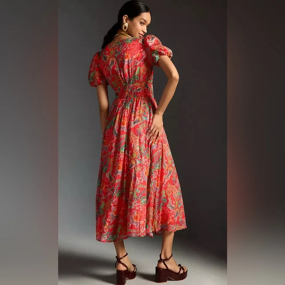 Anthropologie The Katerina
Lurex Button Front Dress in Red Paisley Size 8 - Picture 2 of 10